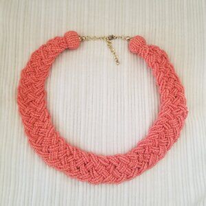 Braided Coral Colored Seed Beed Necklace Woven Pink Gold Tone Boho